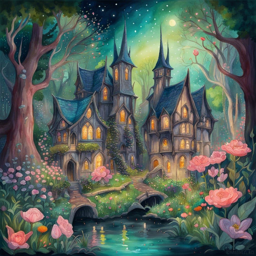 Gothic Fairytale Town in Springtime Forest, Gouache Style