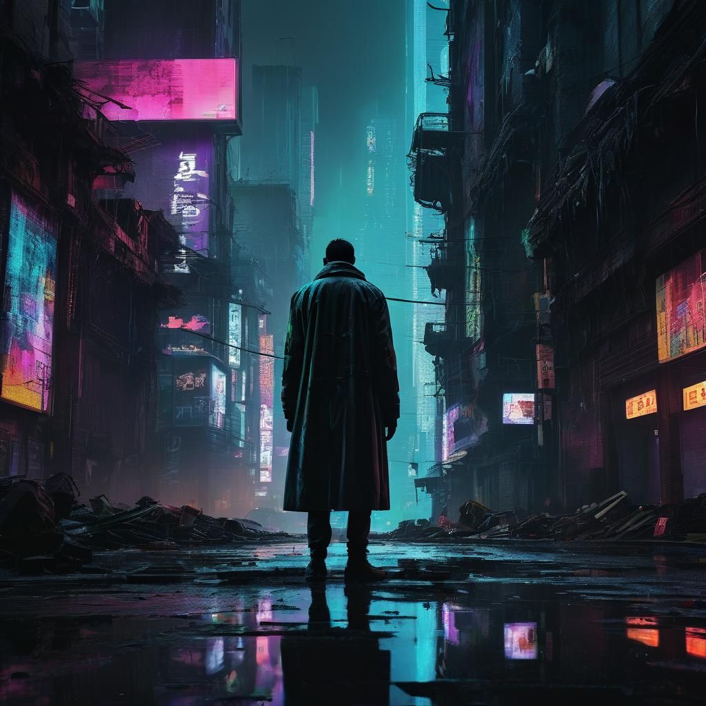 Cyberpunk Neon Cityscape with Lone Figure