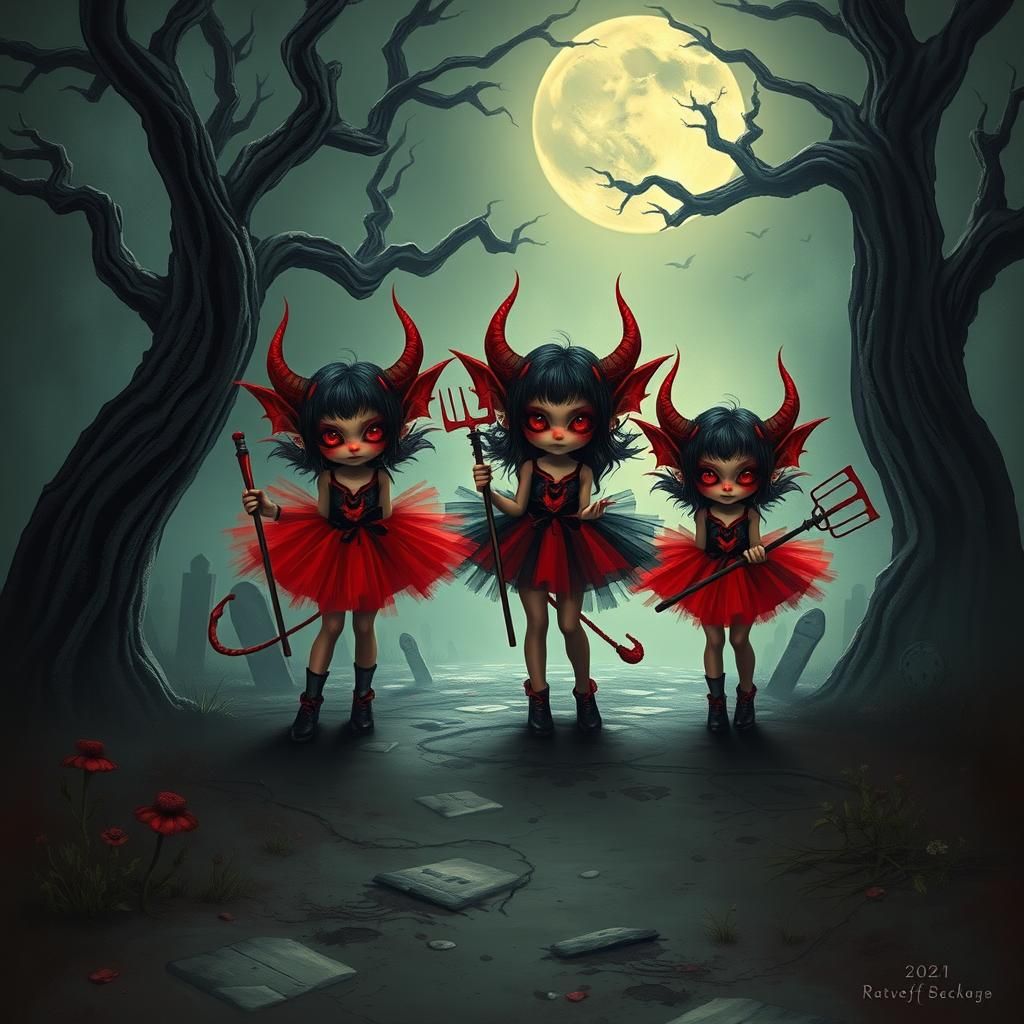 Mischievous Devil Girls in Graveyard, Whimsical Art