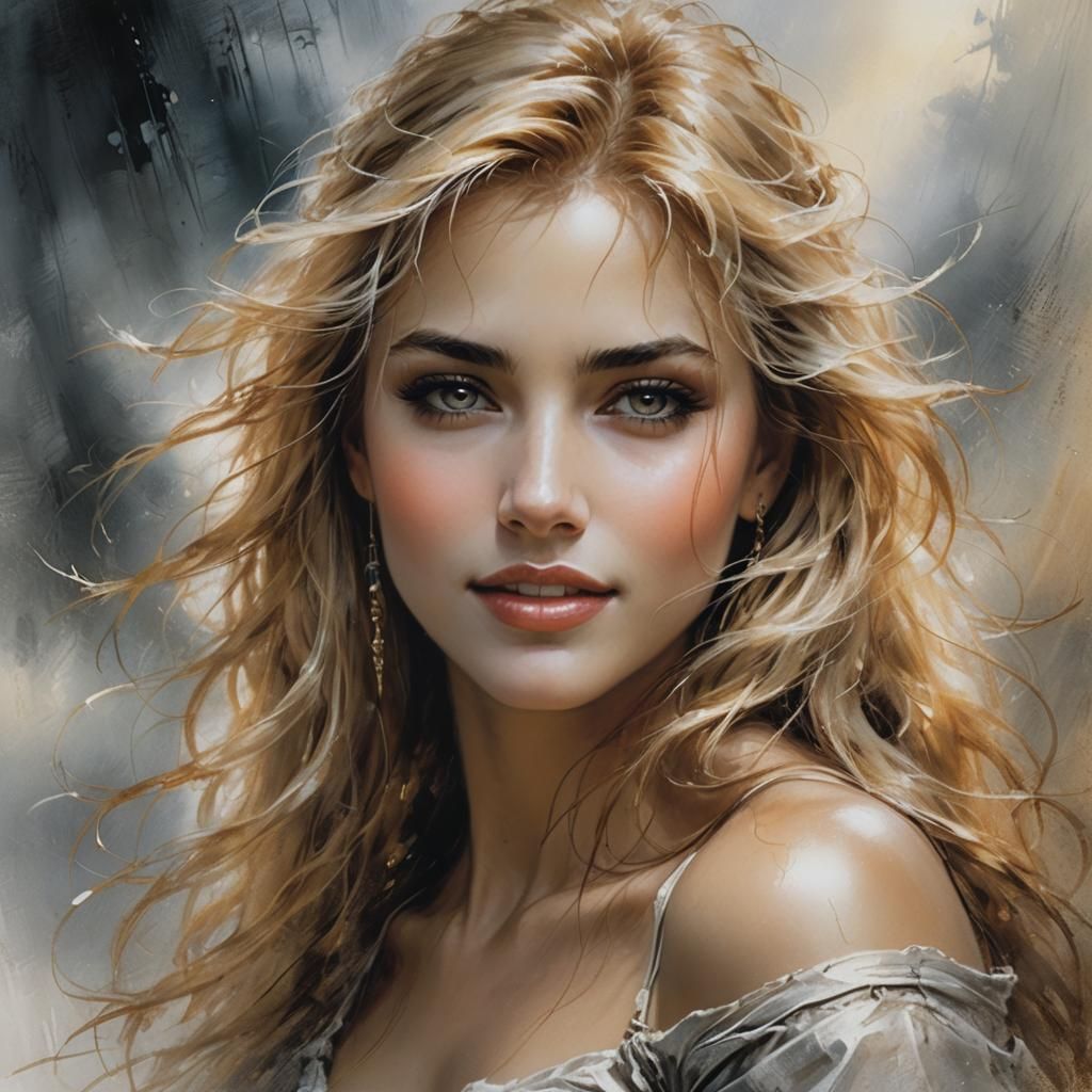 Portrait of Smiling Blonde Woman in Oil Painting Style