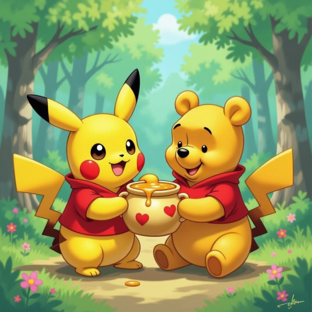 Pikachu and Pooh Hybrid in Kawaii Pop Art