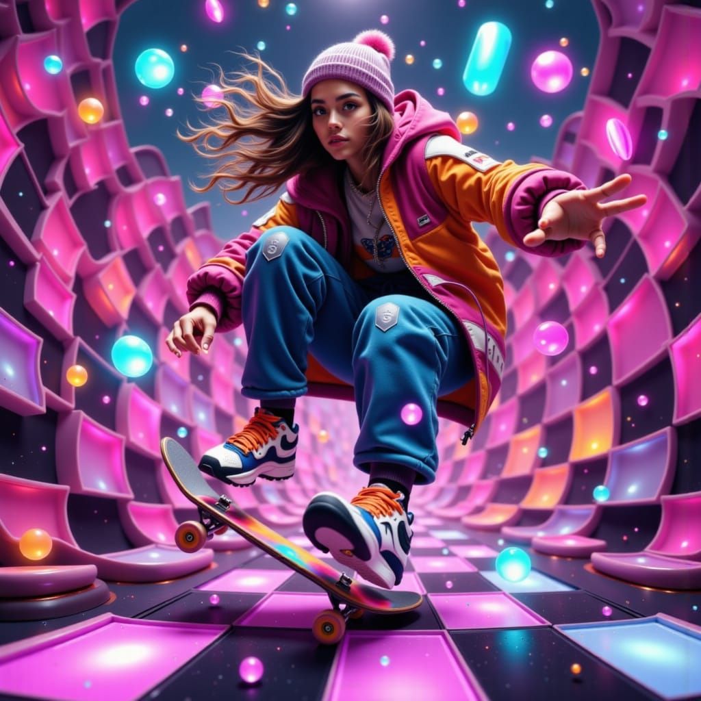 Neon Cyberpunk Skater Girl in Mid-Air