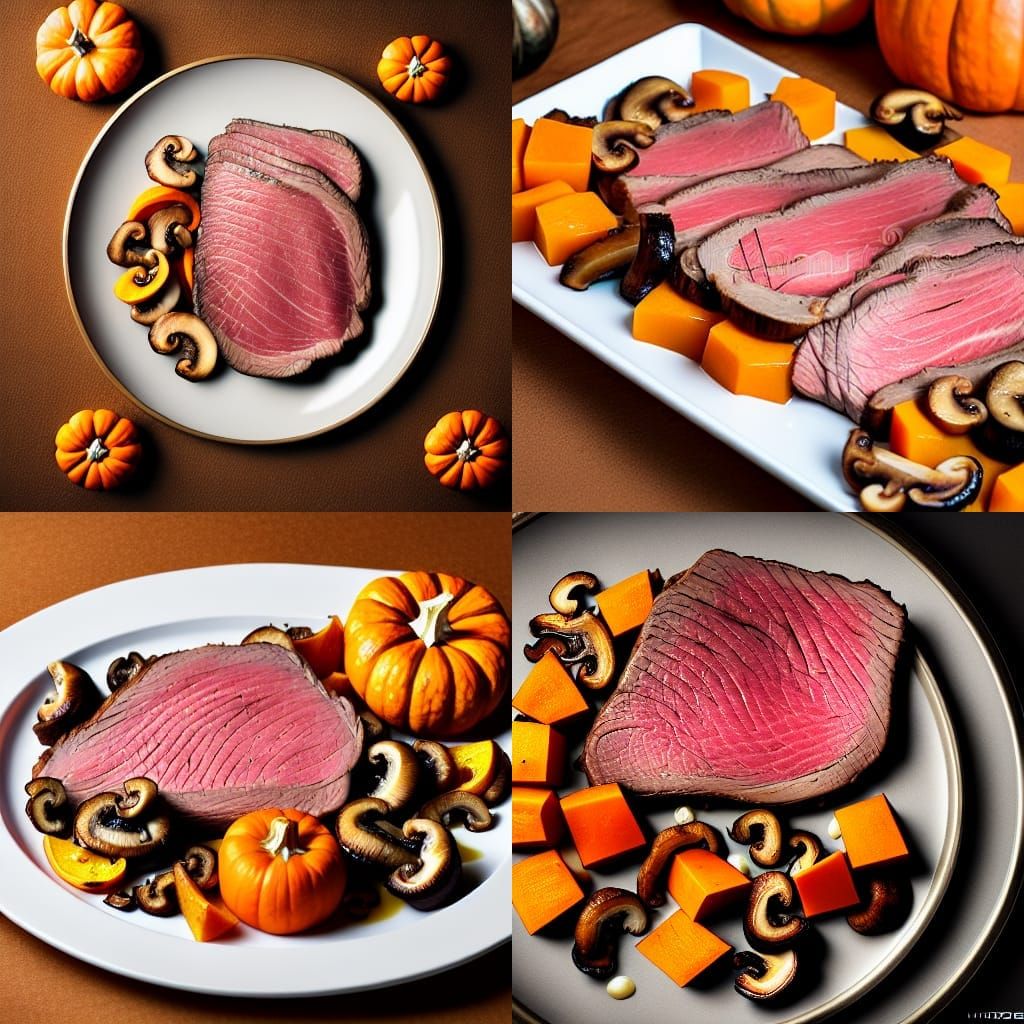 Roast Beef with Mushrooms and Pumpkin, Hyperrealistic Art