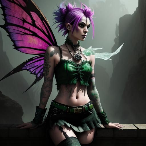Punk Fairy with Green Wings, Hyperrealistic Art