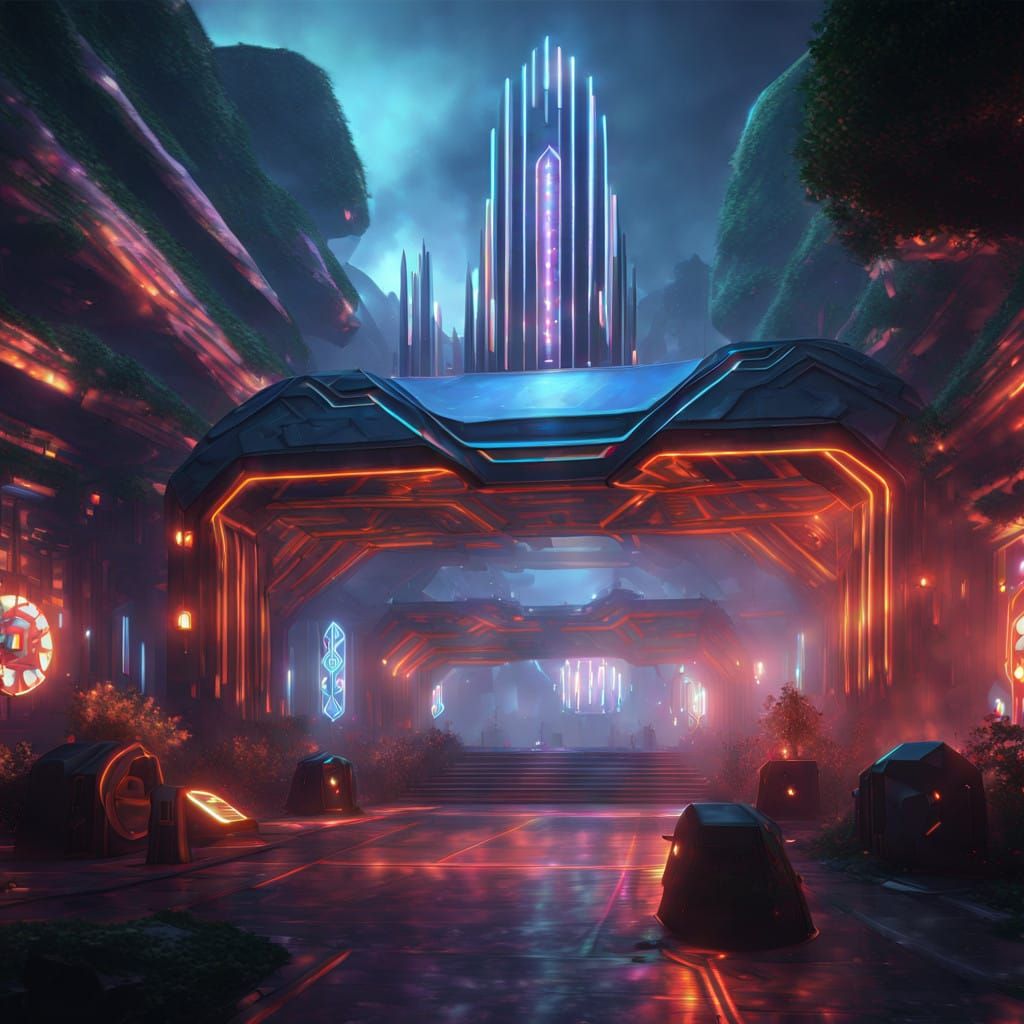 Epic Rockband Cyborg Stage in Futuristic Art