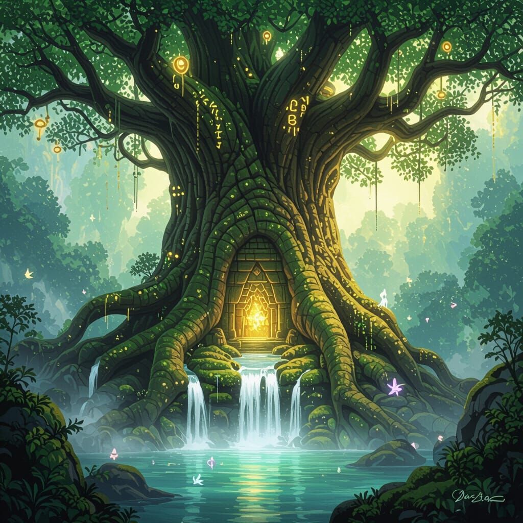 Mystical Tree Temple with Glowing Runes and Waterfalls