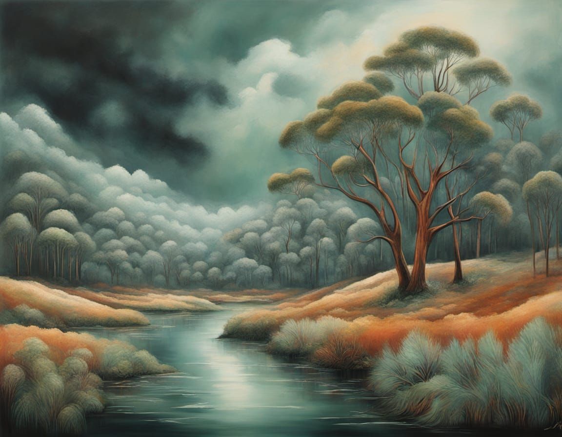 Ethereal Abstract Surrealism Painting of Green and Brown Hue...