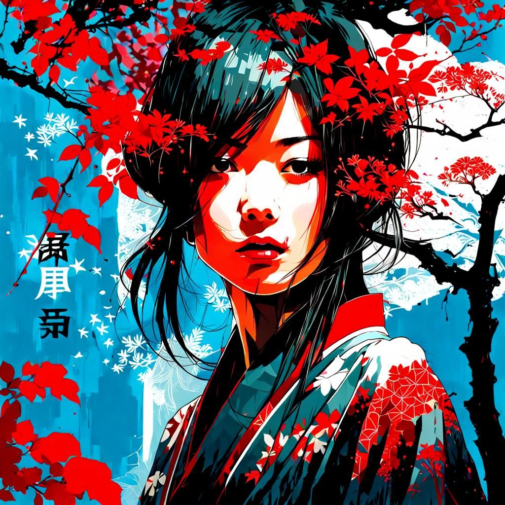 Double Exposure Portrait of Japanese Beauty in Ink Style