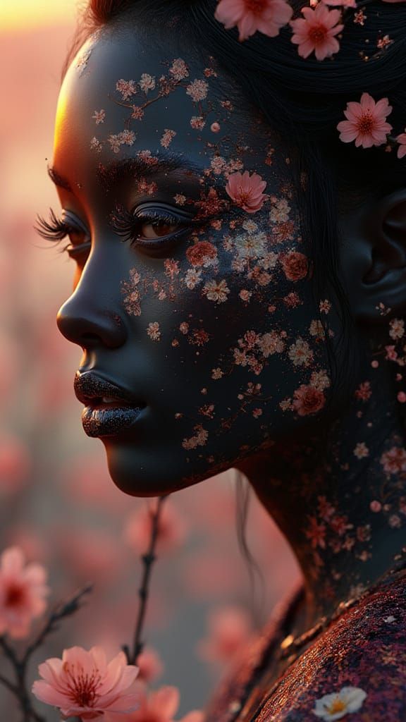 Futuristic Geisha Portrait with Floral Tattoos