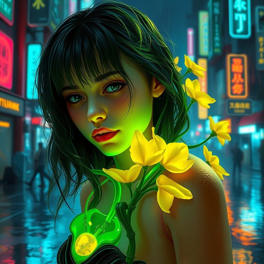 Cyberpunk Girl Merges With Bioluminescent Plant