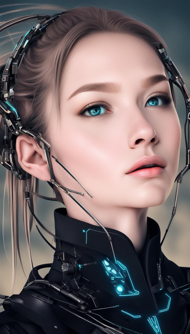 Cybernetic face of beautiful girl, frontal, many details, electrical mecha, nanotech, neon, cyberpunk , high quality pho...