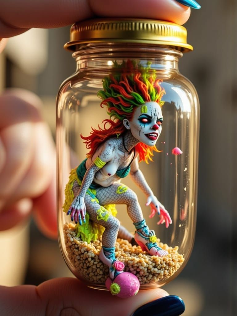Glass Gashapon capsule with a Crazed Clown inside