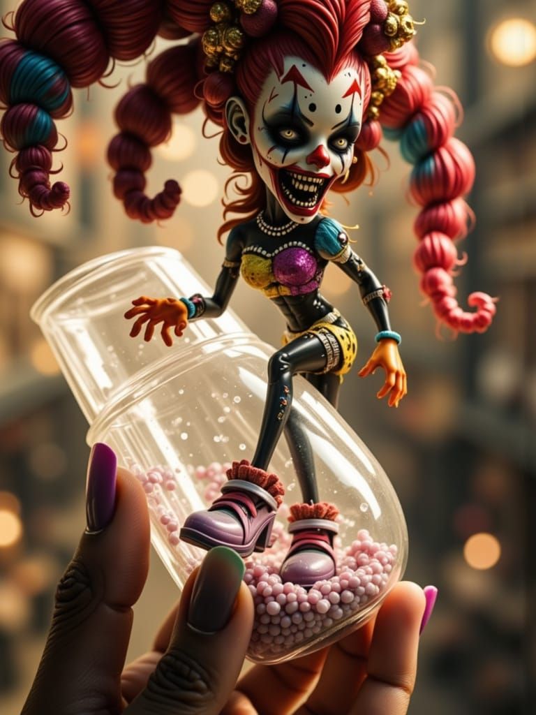 Glass Gashapon capsule with a Crazed Clown inside