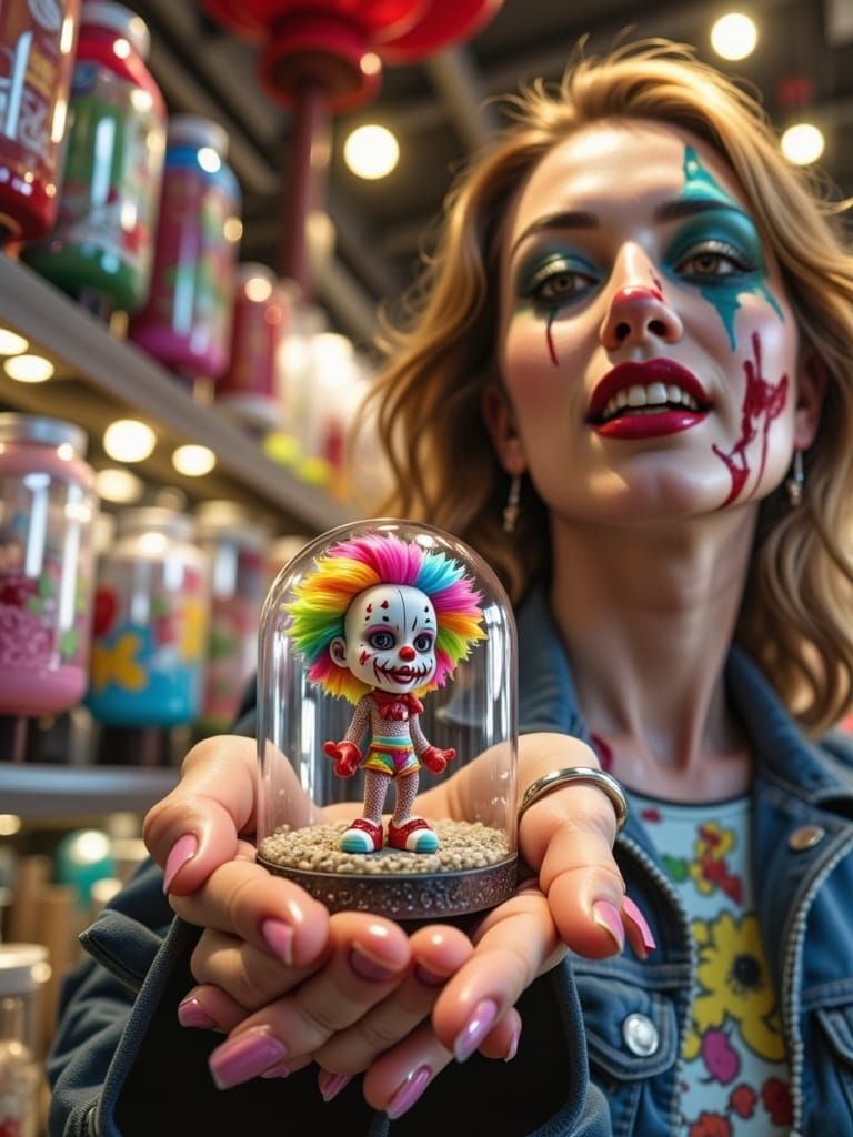 Glass Gashapon capsule with a Crazed Clown inside