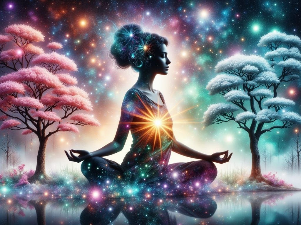 Cosmic Meditating Woman in Vibrant Silhouette