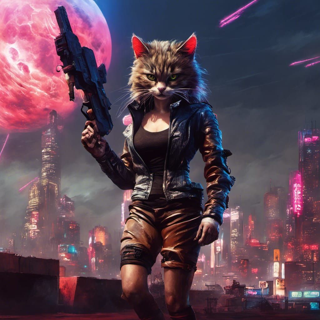 Sinister Cyberpunk Cat Woman in Neon Cityscape