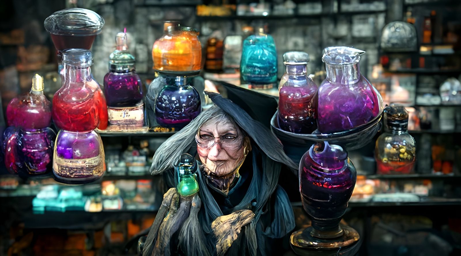 Sinister Witch Selling Potions in Her Shop
