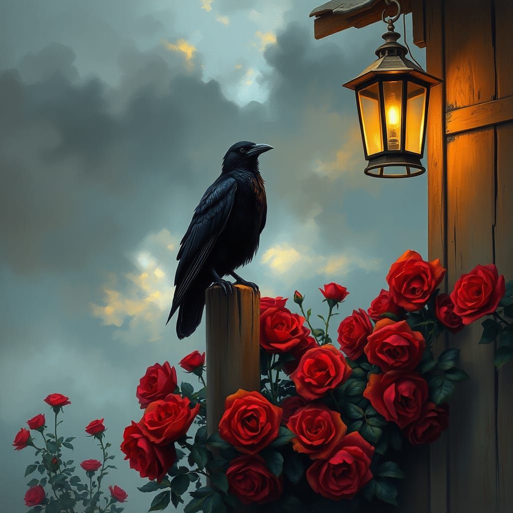 Impressionistic Realism of a Raven in a Twilight Rose Garden