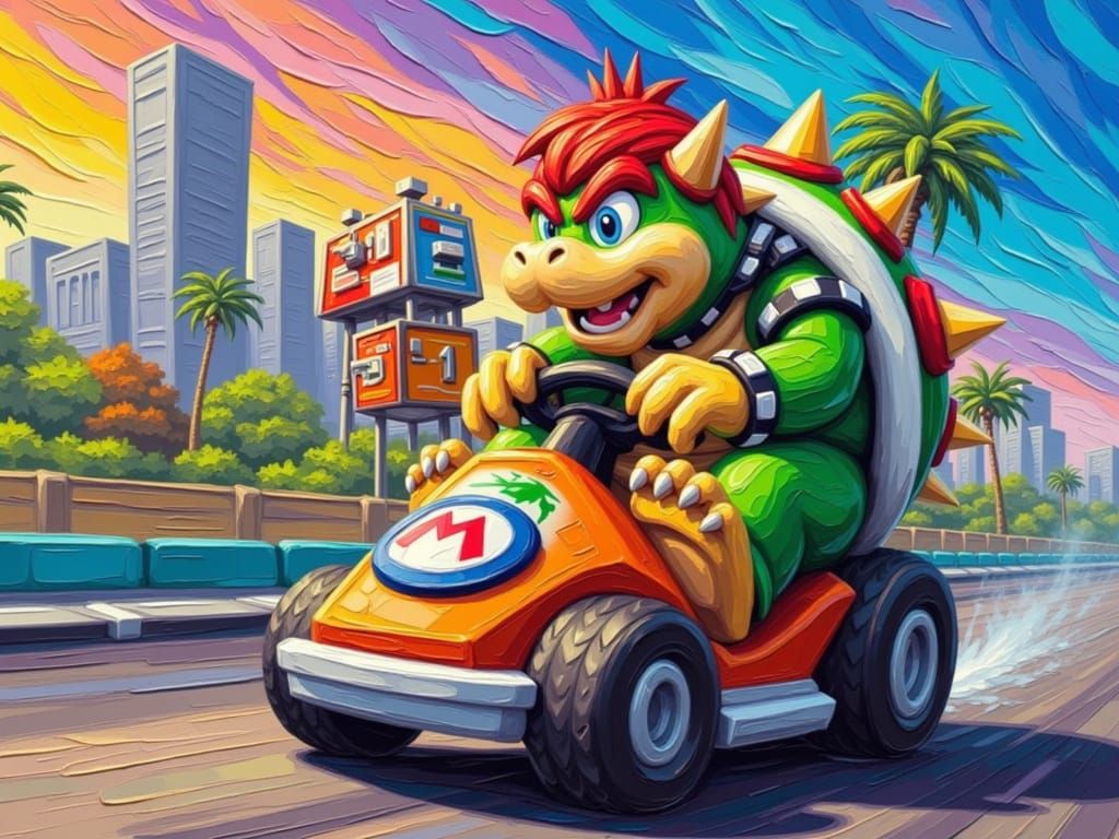 Bowser Racing in Mario Kart Impasto Style