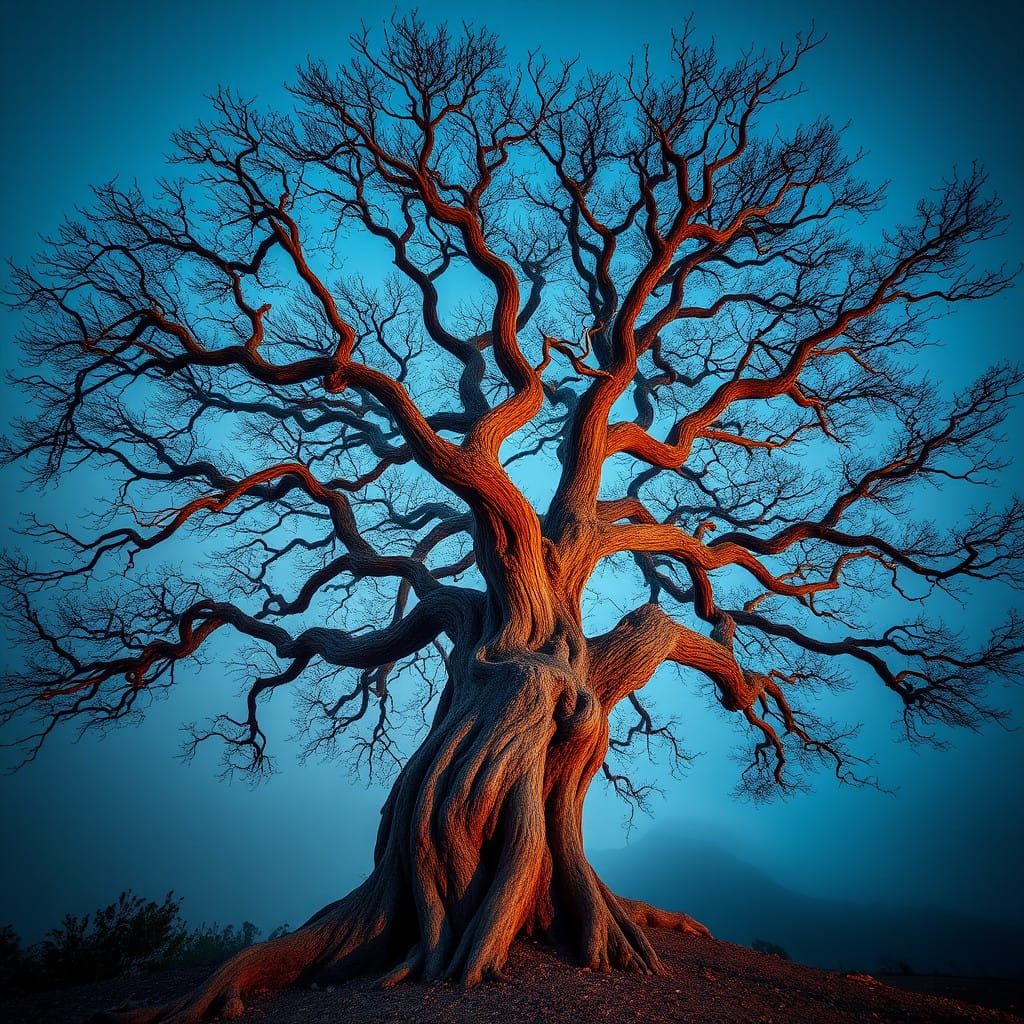 Majestic Chinese Elm Tree in Dramatic, Gradient-Blue Atmosph...