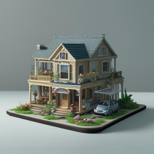 Dollhouse Coffee Shop with Miniature Car and Aquarium