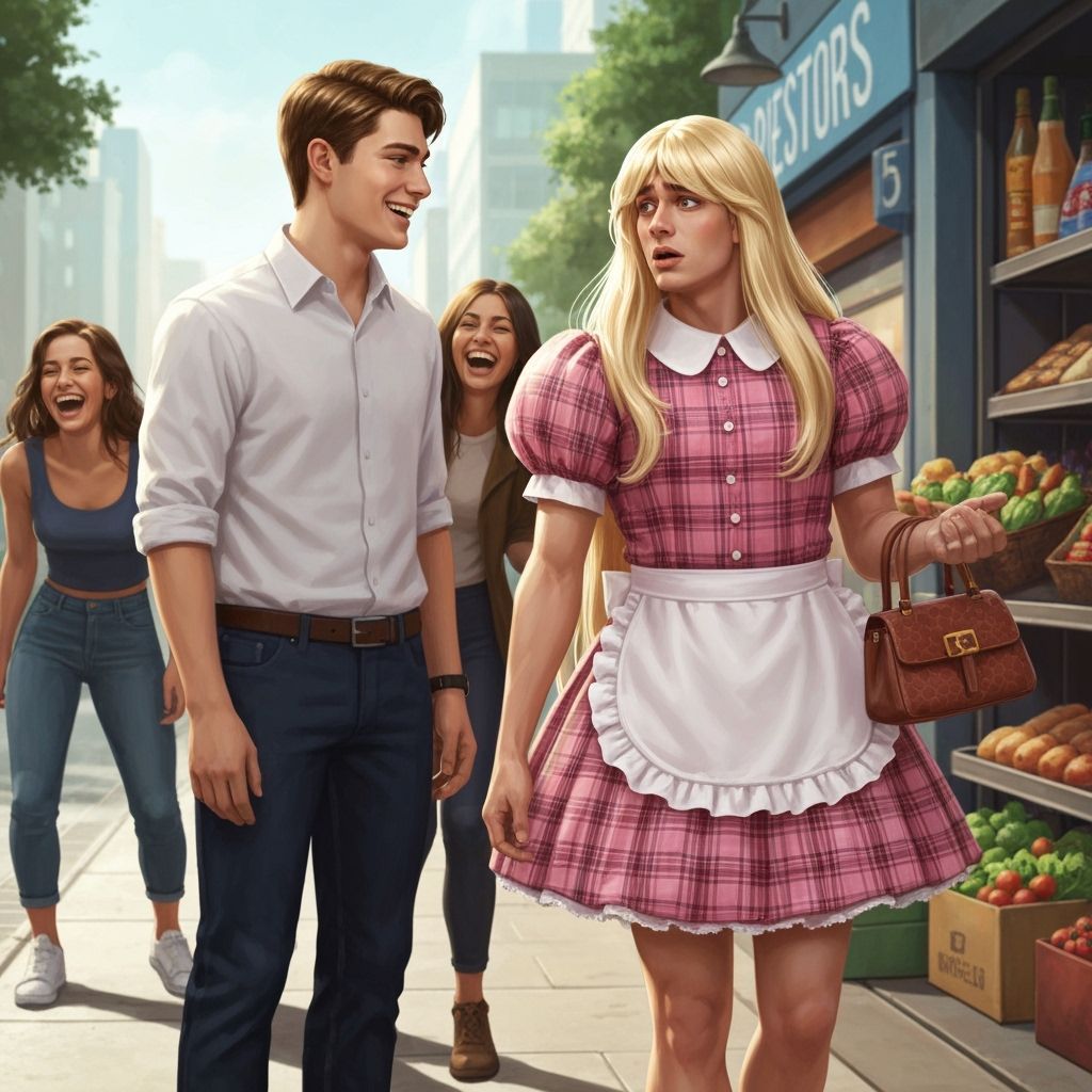 Crossdressing Man with Blonde Wig and Apron, Shopping Grocer...