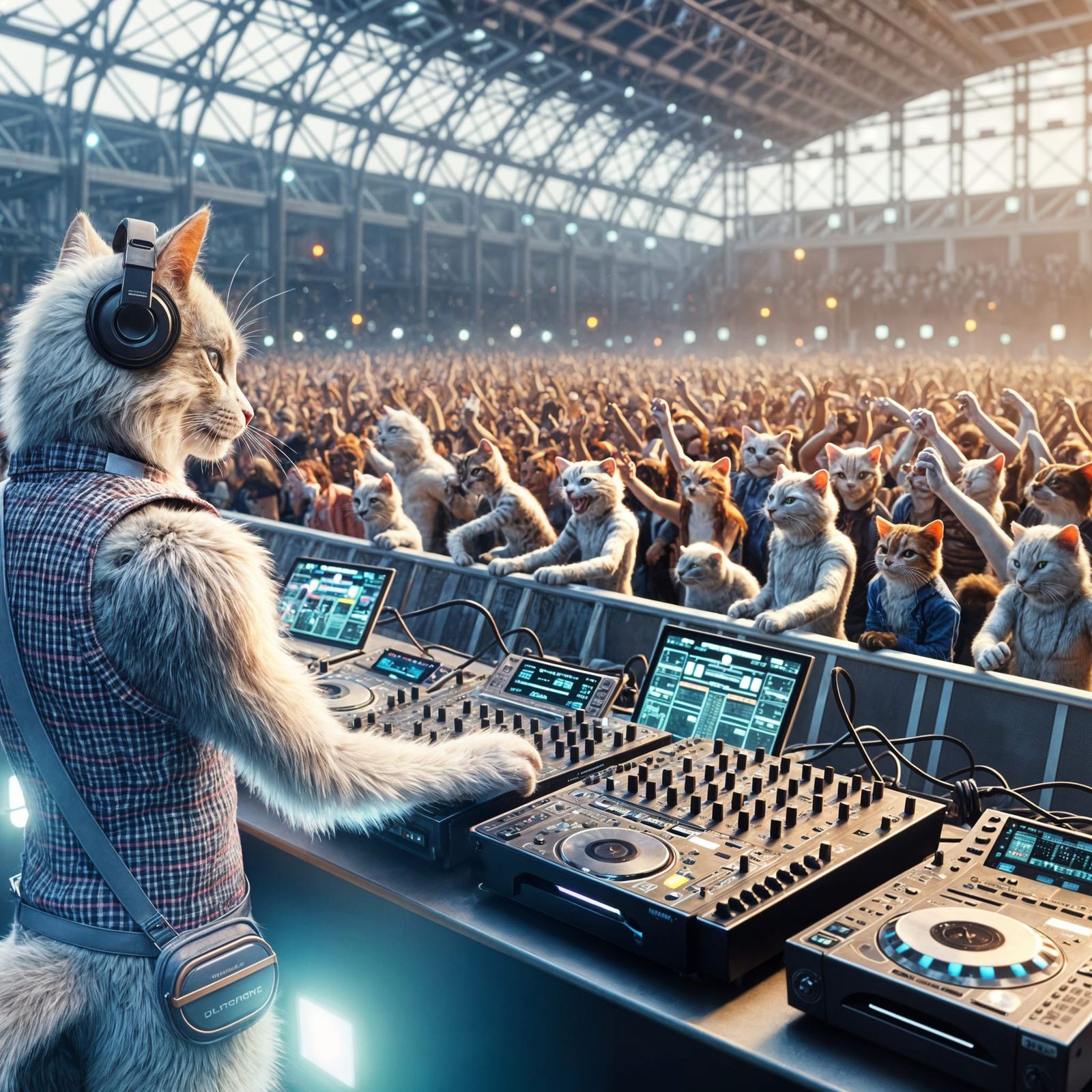 Hyperrealistic Cat DJ at Music Festival in 4K
