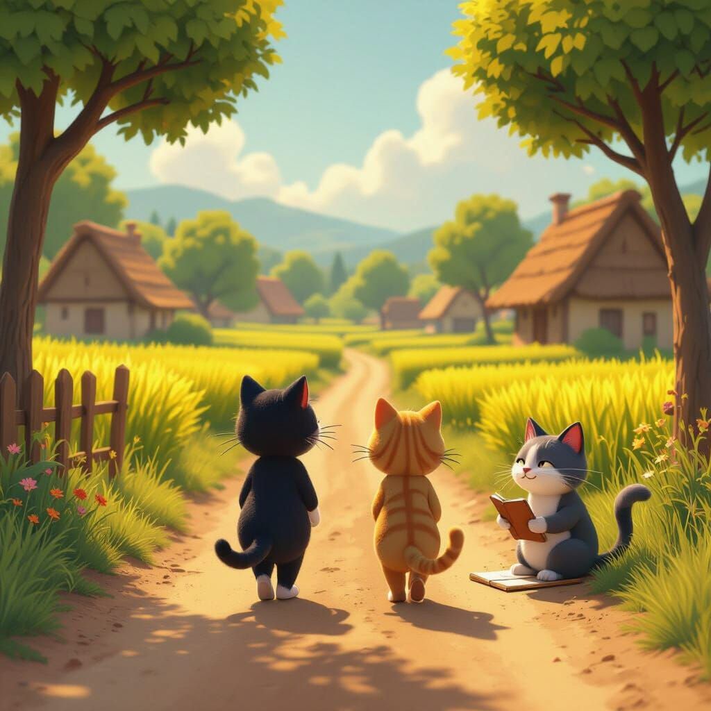 Giggling Cats Walk Away on Dusty Road, 3D Cartoon Style