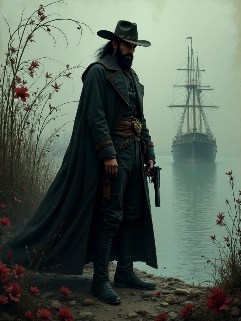 Arabic Cowboy in Victorian Era Landscape with Mystical River