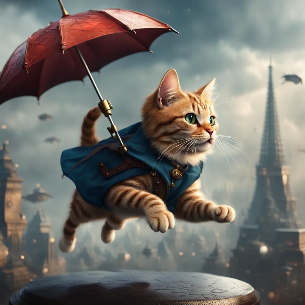 Cat Soaring with Umbrella: Detailed Fantasy Art