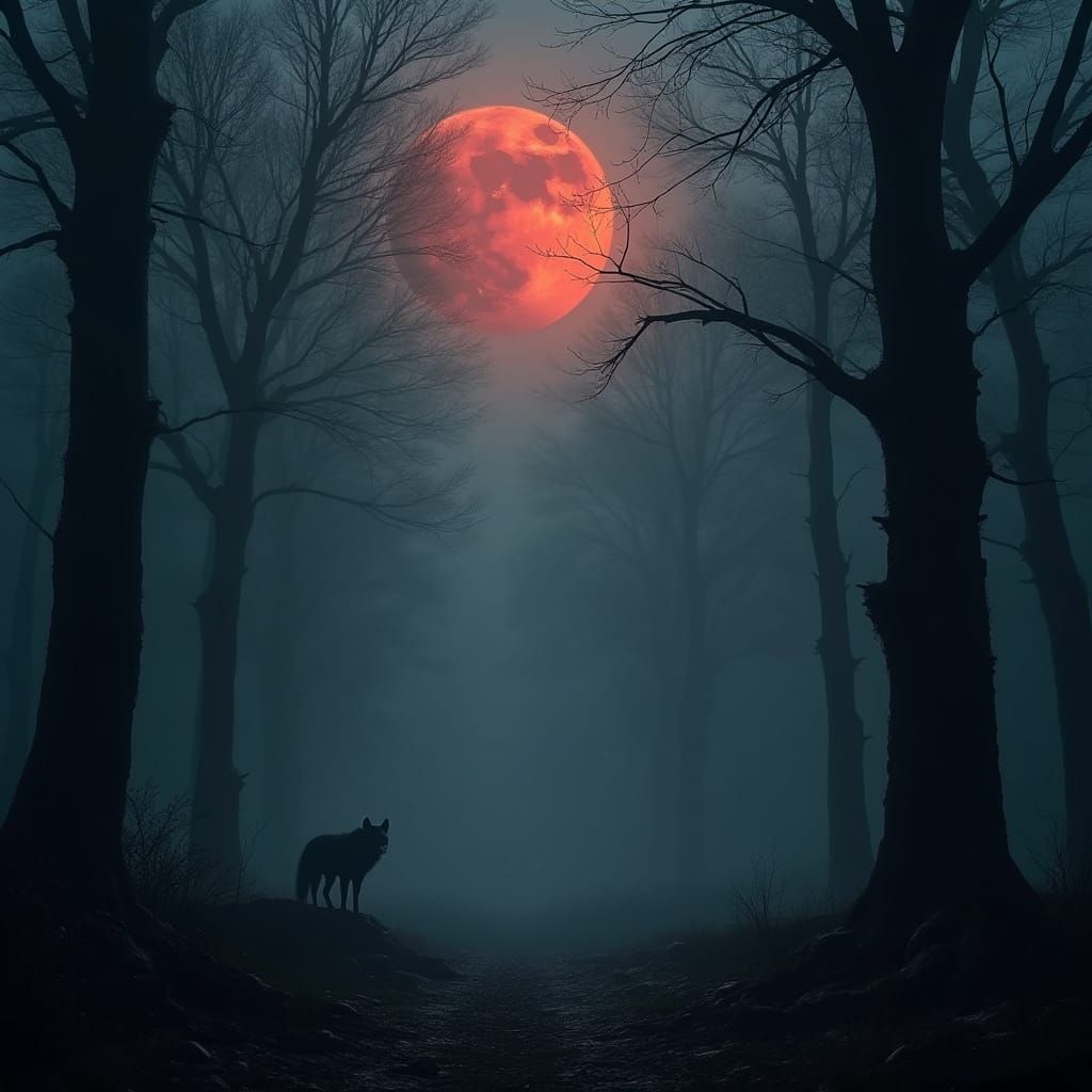 Haunting Forest with Blood Moon and Glowing Eyes