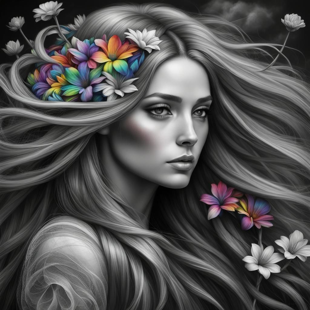 Greyscale Girl with Rainbow Flowers in Hair