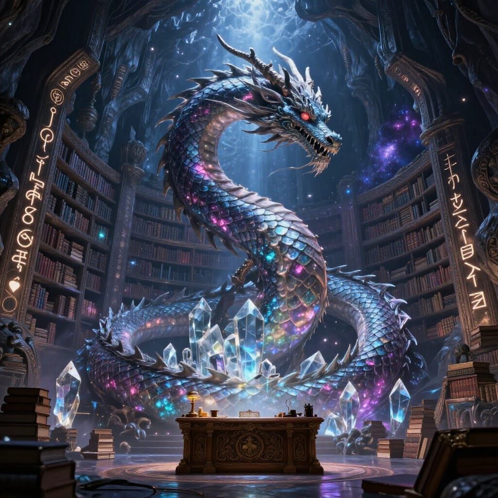 Celestial Dragon Guards Crystal Library in Cosmic Fantasy Ar...