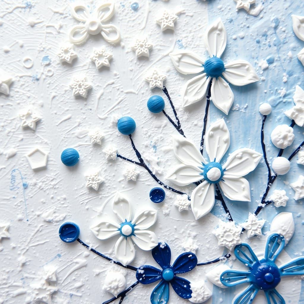 Abstract Winter Floral Snowflakes Impasto Painting