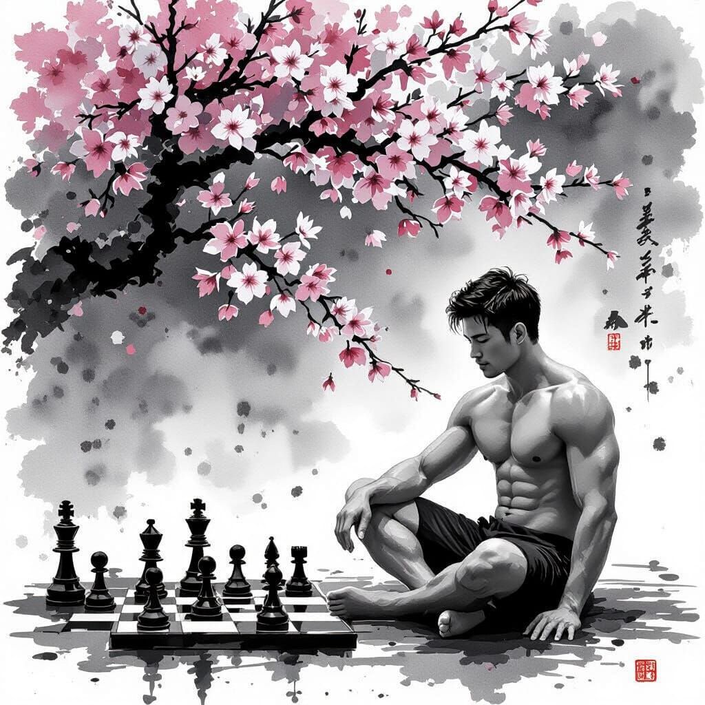 Sumi-e Chess Game Under Blooming Sakura