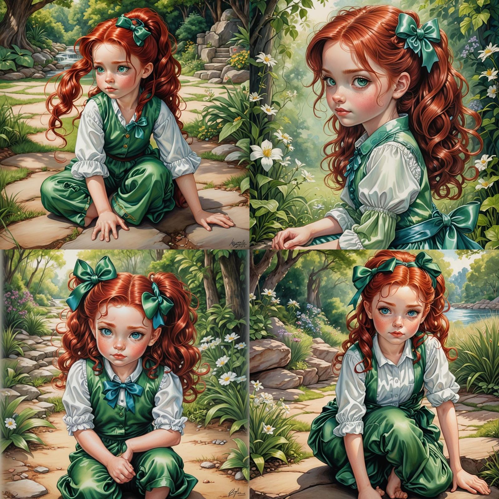 Red-Haired Girl in Green Jumpsuit: Fantasy Art