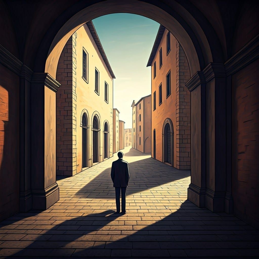 Surrealist Town Square Scene in Earthy Colors