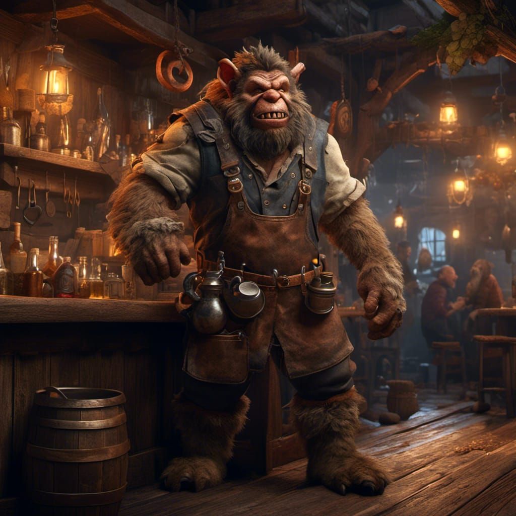 Bugbear Mechanic in Tavern: Detailed Matte Painting