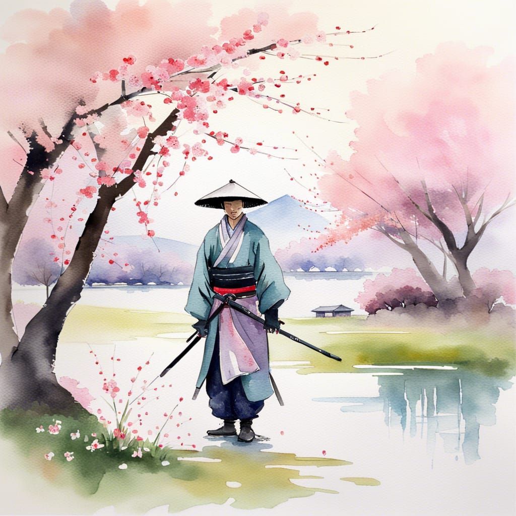 Lone Ronin in Cherry Blossom Field: Watercolor Painting