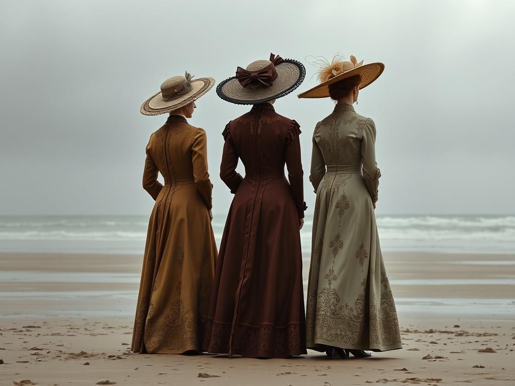Victorian Ladies on Windswept Beach in Dreamlike Painting