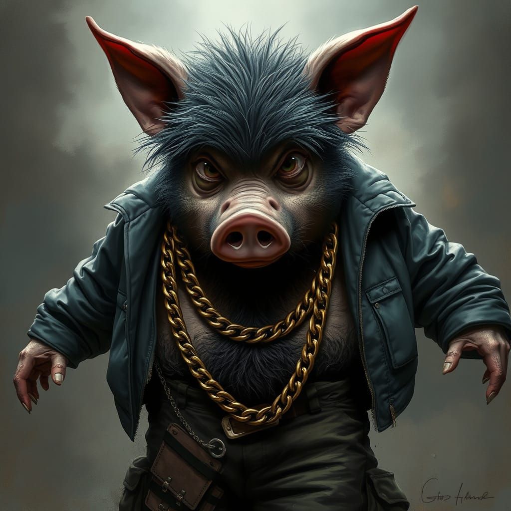 Pig-Headed Rapper with Gold Chains in Gritty Style