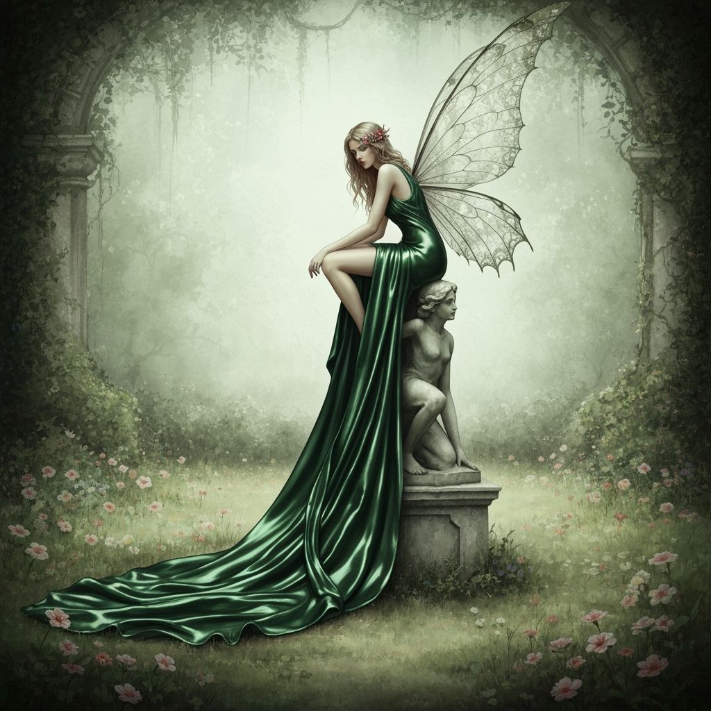 Fragile Fairy on Statue in Overgrown Garden