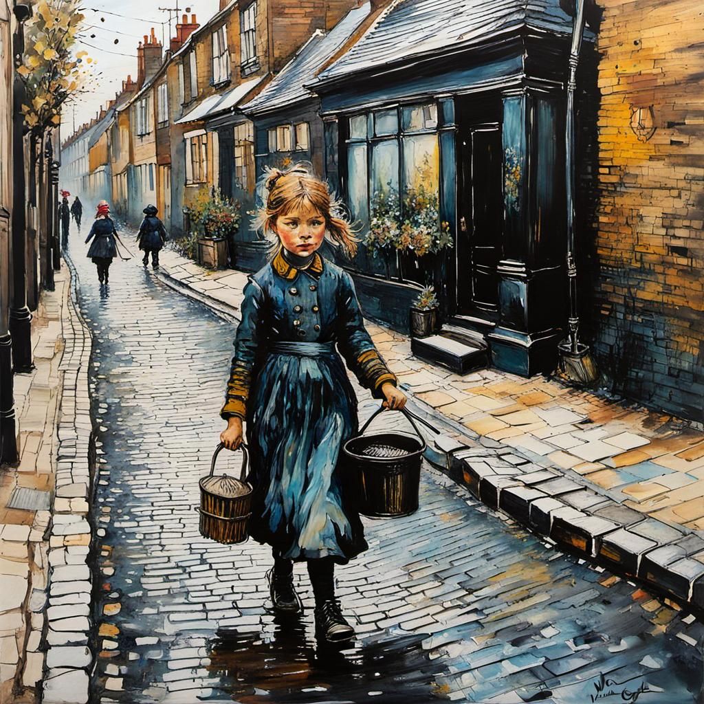 Girl Touches Chimney Sweep: Encaustic Alcohol Ink Art