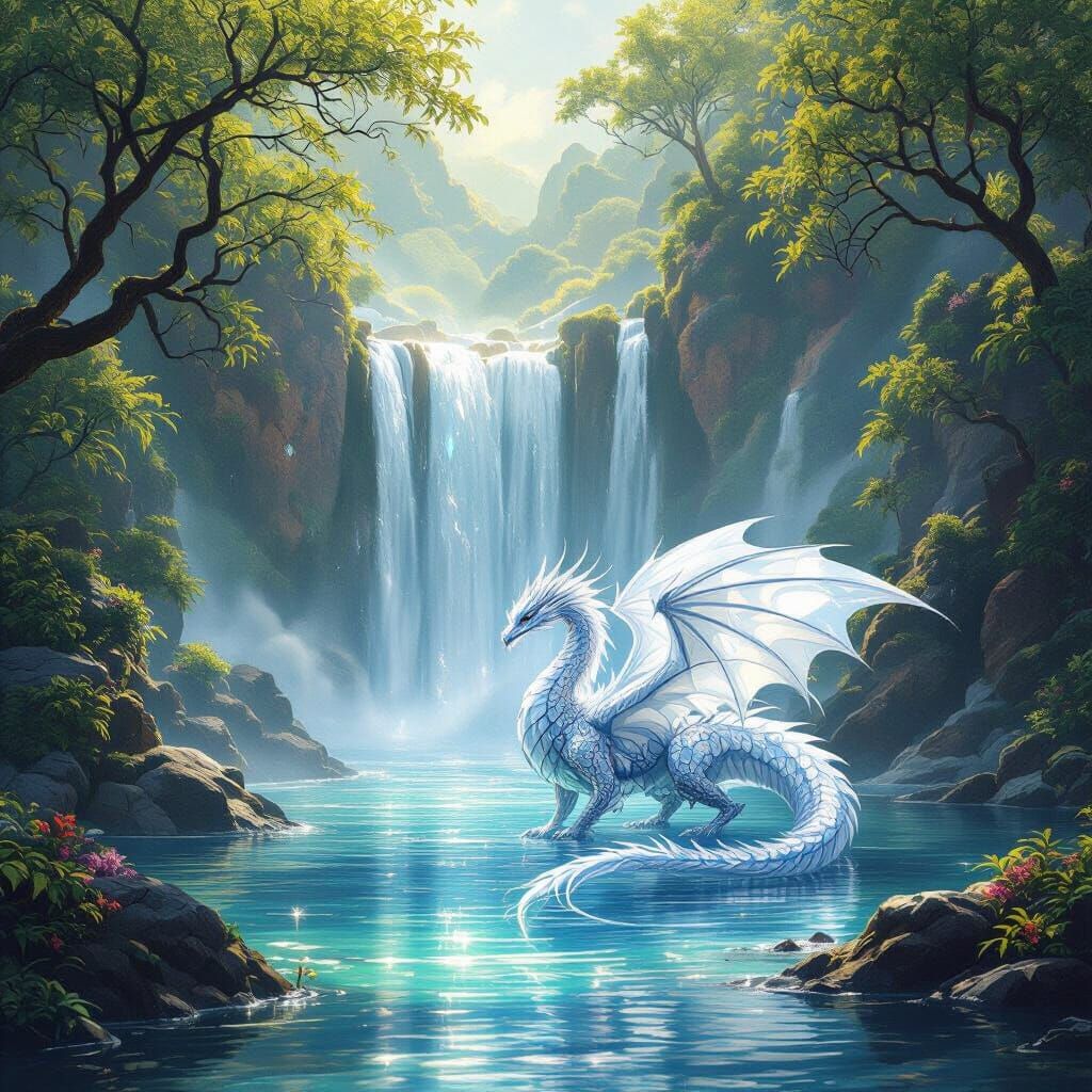 Crystal Dragon Overlooking Waterfall in Fantasy Art Style
