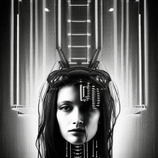 Cyborg Plant Goddess in Black and White