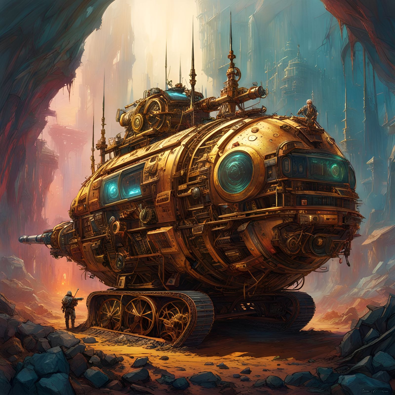 Fantastical Gear-Driven Machine with Volumetric Lighting