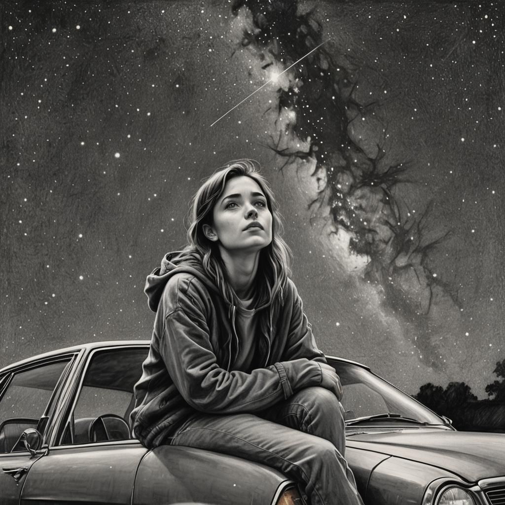 Girl Stargazing at Dusk: Hyperdetailed Charcoal Drawing