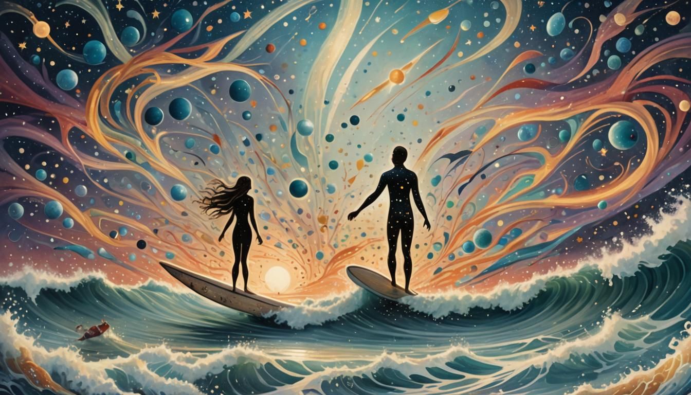 Cosmic Surfer Silhouette in Celestial Ballet Art