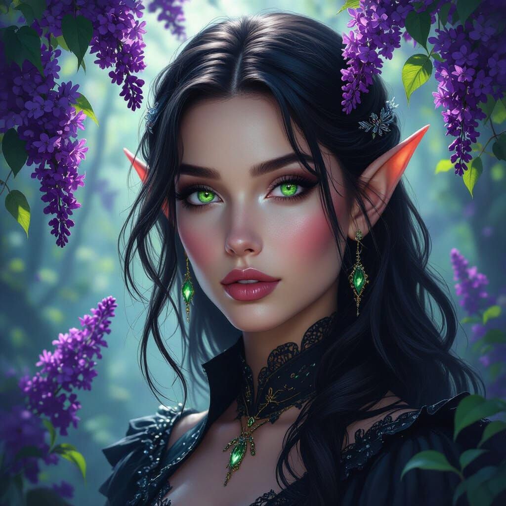 Gothic Elf Woman in Sunlit Forest