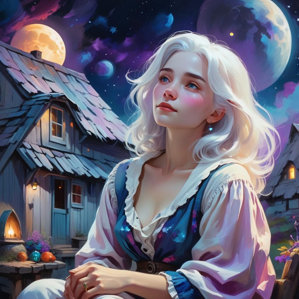 Woman Holds Moon in Fantasy Oil Painting